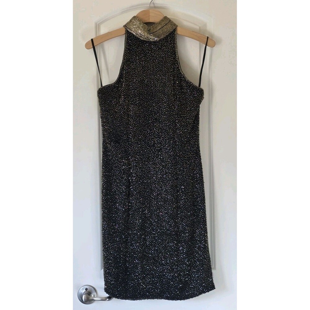 Black Tie Oleg Cassini Beaded Silk Halter Dress Black Gold Glam Cocktail Sz 8 - Picture 2 of 10